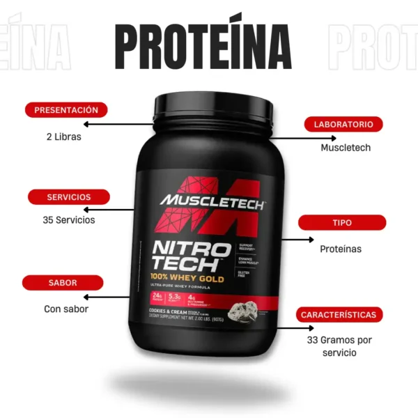 Proteína Nitro Tech Whey Gold 2 Libras Muscletech - Imagen 4