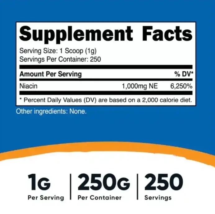 Niacina 1g (Vitamina B3) 250 Servicios Nutricost - Imagen 2