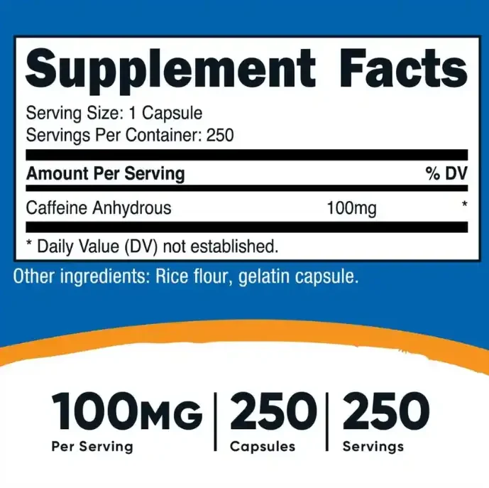 Cafeina 100 Mg 250 Capsulas Nutricost - Imagen 3