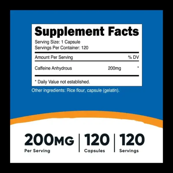 Cafeina 200 Mg 120 Capsulas Nutricost - Imagen 2