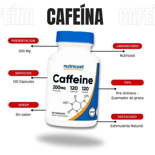 Cafeina 200 Mg 120 Capsulas Nutricost - Imagen 4