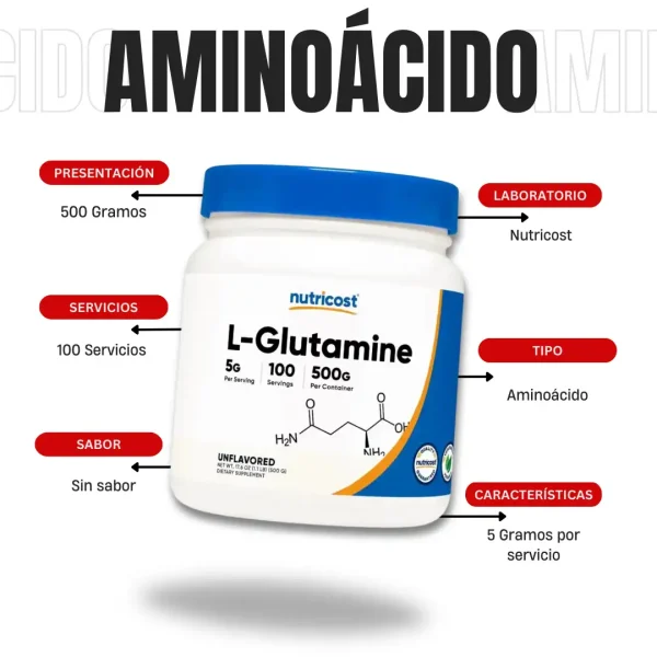 L-Glutamina Sin Sabor 100 Servicios Nutricost - Imagen 4
