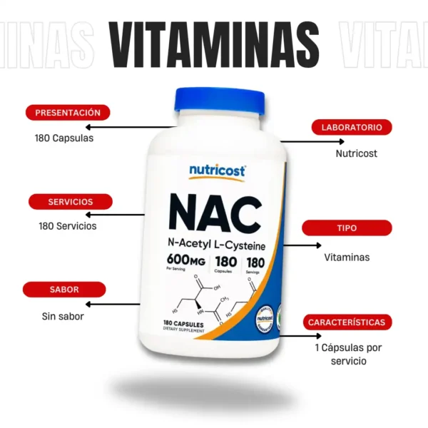 NAC N-Acetilcisteina 600 Mg 180 Capsulas Nutricost - Imagen 4