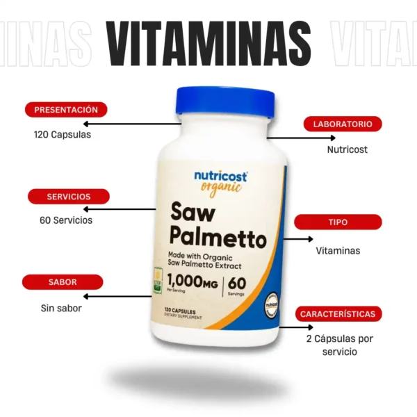 Saw Palmetto 1000 Mg 60 Servicios Nutricost - Imagen 4