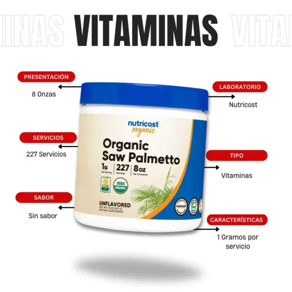 Saw Palmetto Polvo Organico 8 Onzas Nutricost - Imagen 4