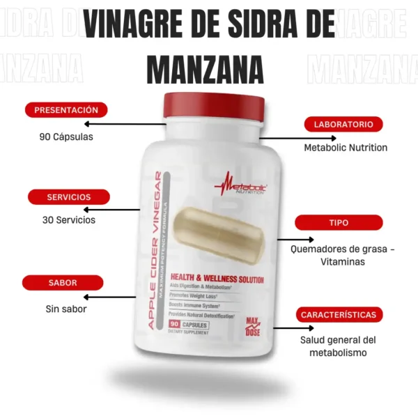 Vinagre De Sidra De Manzana 90 Capsulas Metabolic Nutrition - Imagen 4