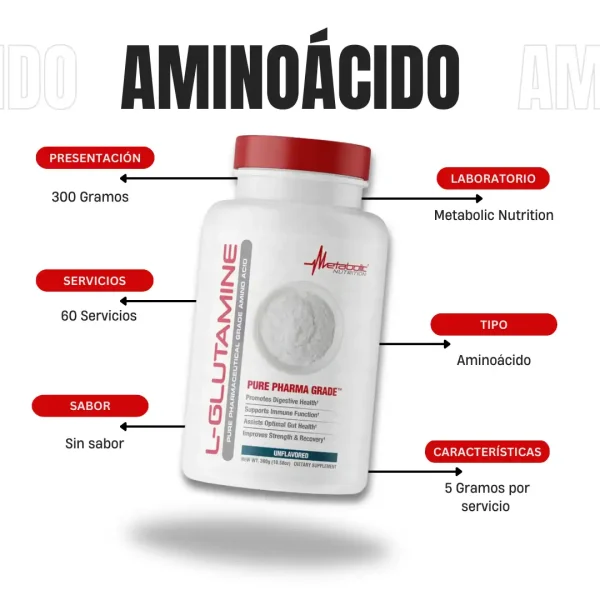 Glutamina 300 Gr Metabolic Nutrition - Imagen 4