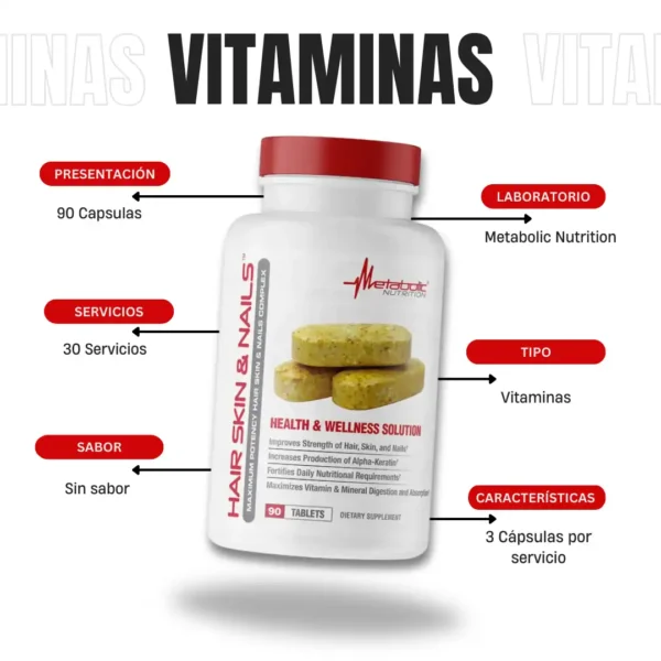 Hair Skin And Nails 90 Capsulas Metabolic Nutrition - Imagen 4