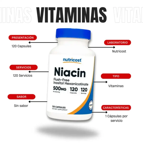 Niacina Flush-Free 500 Mg 120 Capsulas Nutricost - Imagen 4