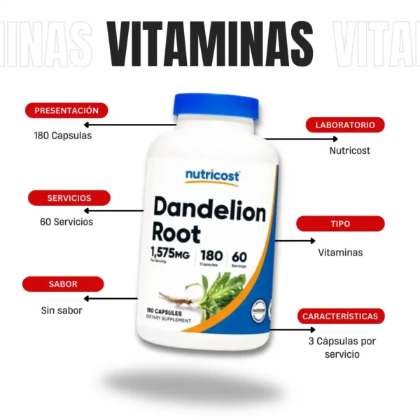 Raiz De Diente De Leon 180 Capsulas Nutricost - Imagen 4