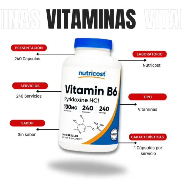 Vitamina B6 240 Capsulas Nutricost - Imagen 4