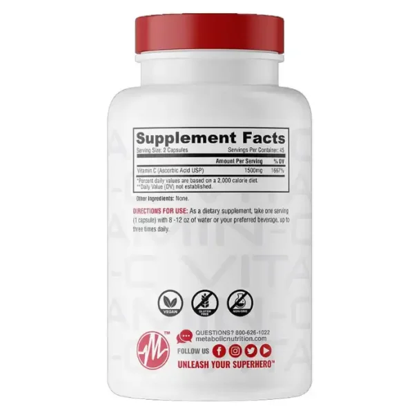 Vitamina C 180 Capsulas 1500 Mg Metabolic Nutrition - Imagen 4