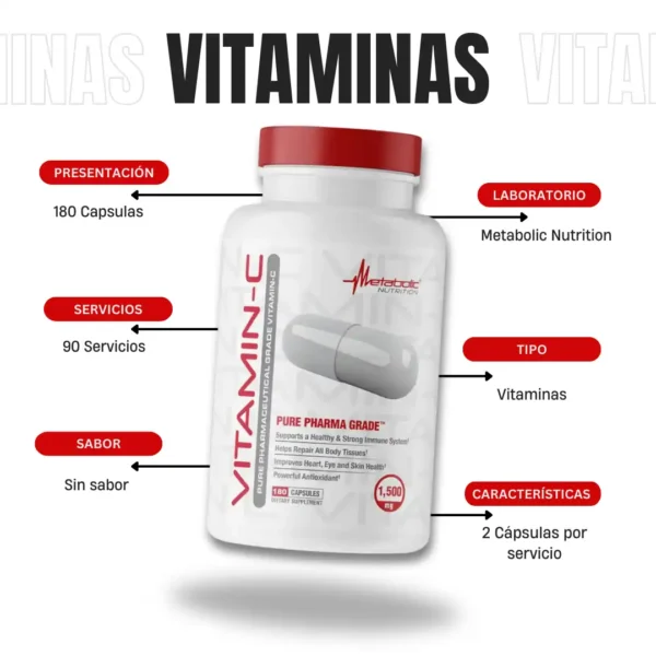 Vitamina C 180 Capsulas 1500 Mg Metabolic Nutrition - Imagen 4