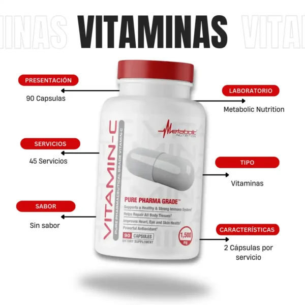 Vitamina C 90 Capsulas 1500 Mg Metabolic Nutrition - Imagen 4