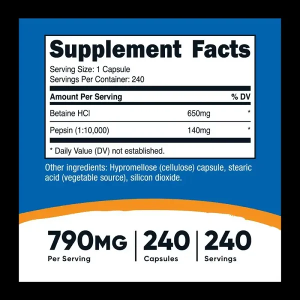 Betaina HCL + Pepsina 240 Capsulas Nutricost - Imagen 2