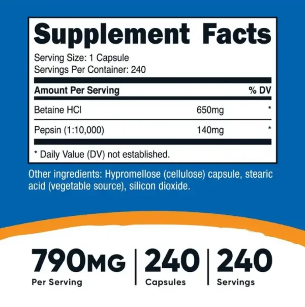 Betaina HCL + Pepsina 240 Capsulas Nutricost - Imagen 4