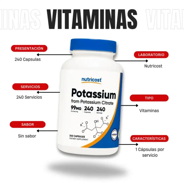 Citrato De Potasio 240 Cap Nutricost - Imagen 4