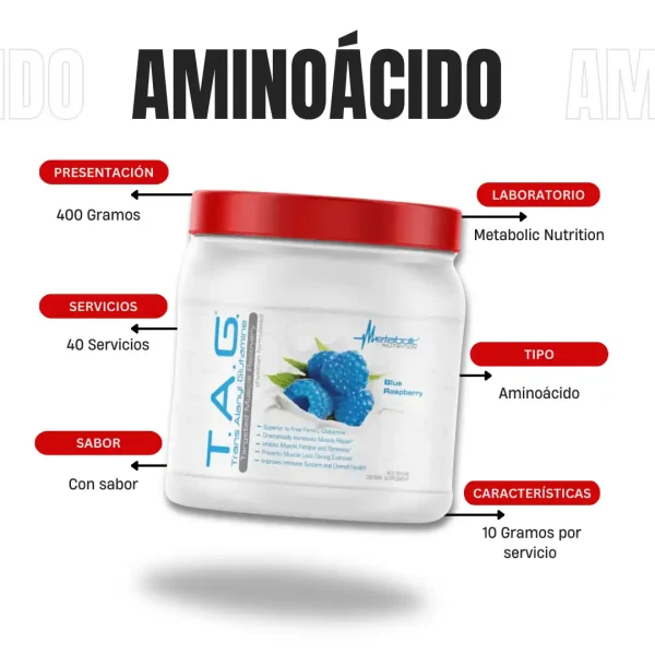 Glutamina T.A.G 40 Servicios Metabolic Nutrition - Imagen 4