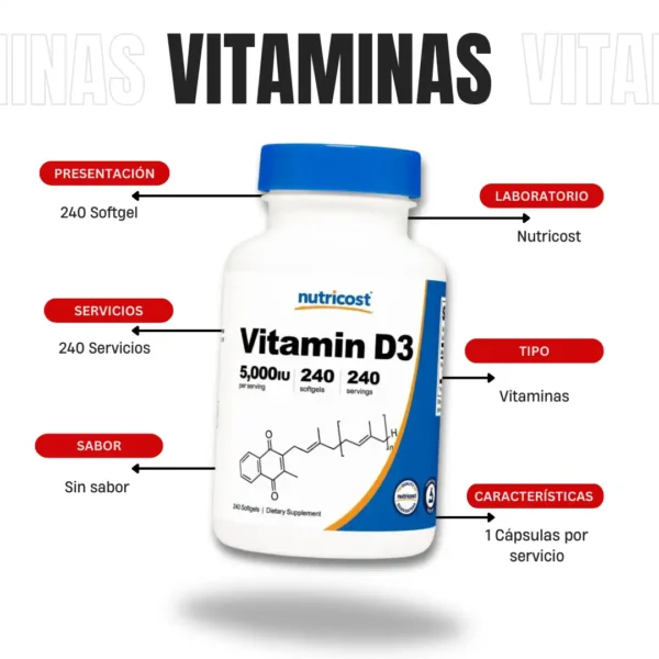 Vitamina D3 240 Softgel 5000 IU Nutricost - Imagen 4