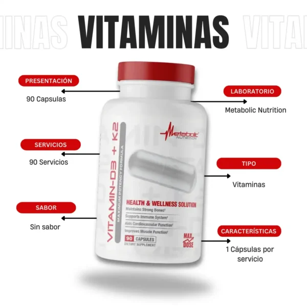 Vitamina D3 +K2 90 Capsulas Metabolic Nutrition - Imagen 4