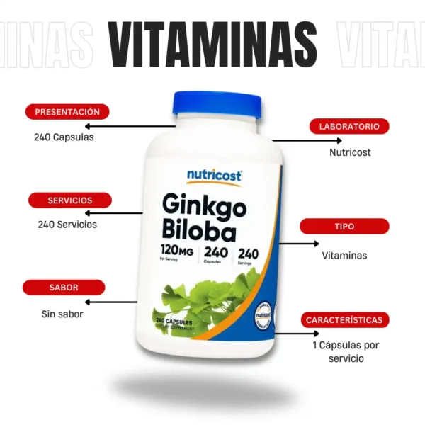 Ginkgo Biloba 240 Capsulas Nutricost - Imagen 4