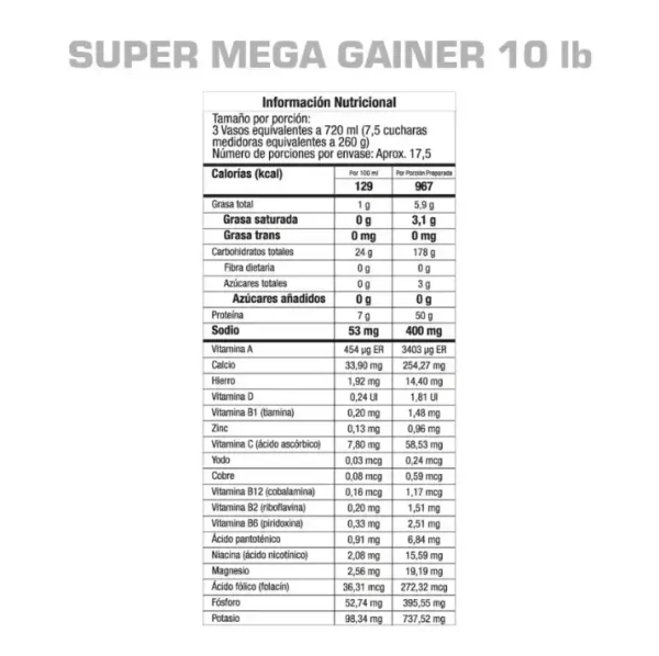 Proteína Super Mega Gainer 10 Libras GMN - Imagen 4