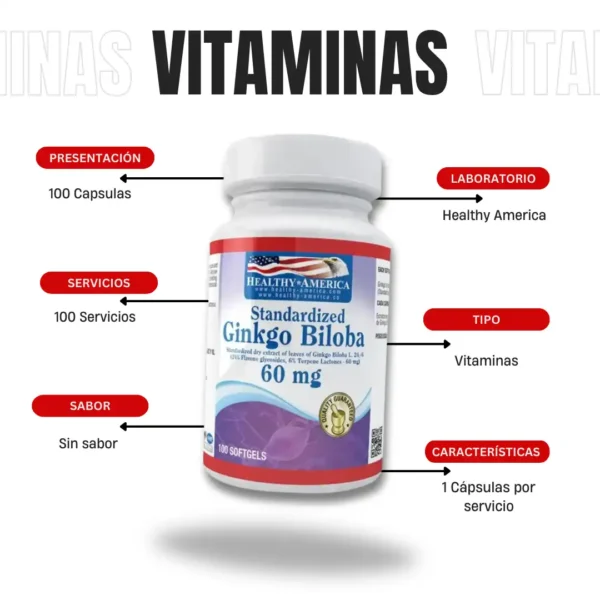 Ginkgo Biloba 60 Mg 100 Capsulas Healthy America - Imagen 4
