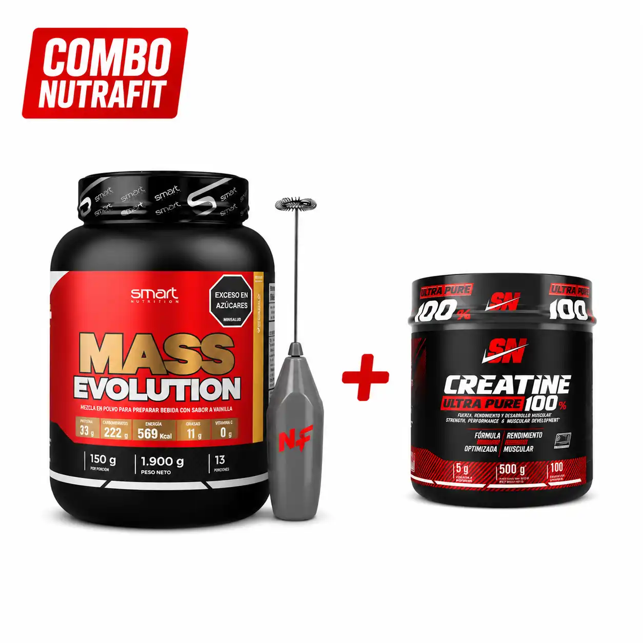 Combo Mass Evolution + Creatina Ultra Pure + Mezclador NF