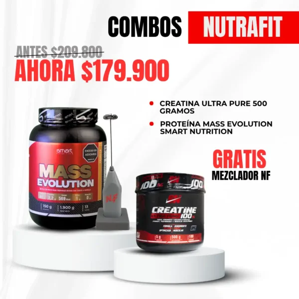 Combo Mass Evolution + Creatina Ultra Pure + Mezclador NF