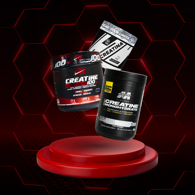 Envases de creatina monohidratada de marcas GN, MuscleTech y Seal Your Limits sobre fondo rojo – mejor creatina en Colombia