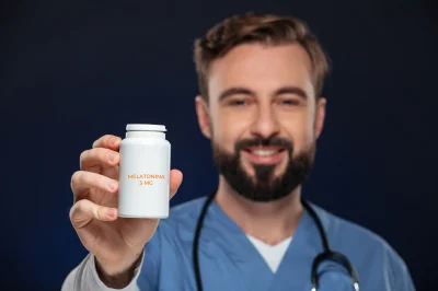 Frasco de melatonina 3 mg Healthy America 120 cápsulas sobre superficie blanca con fondo nocturno, melatonina 3 mg para que sirve Colombia Nutrafit